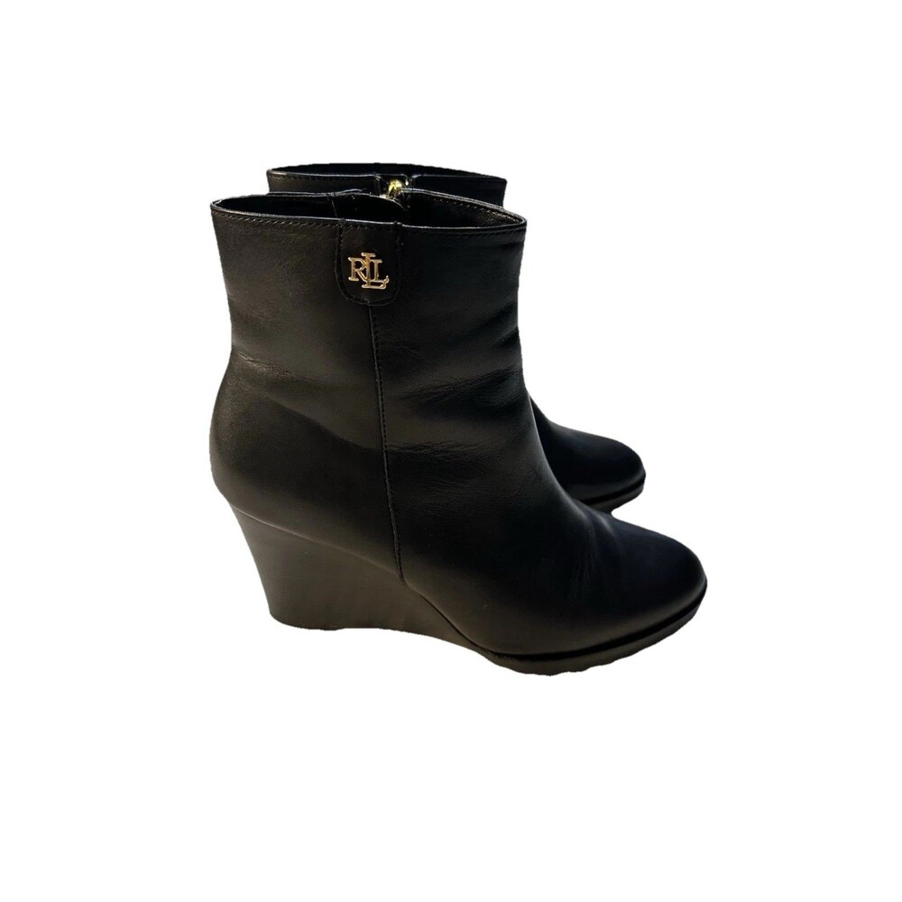 LAUREN Ralph Lauren Shaley black leather wedge ankle booties boots US 6